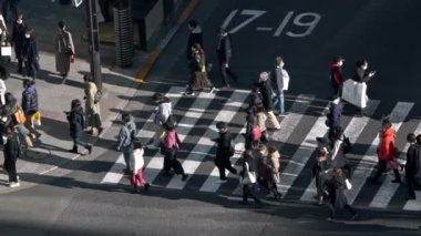 Tokyo, Japonya-02 Şubat 2020: Gün batımının ışığıyla kavşakta kalabalık yaya geçidi üzerinde yavaş çekim. Asyalıların yoğun yaya geçidi görüntüsü. - Dan.