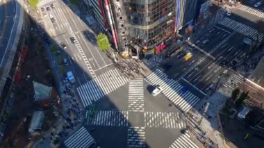 Tokyo, Japonya-02 Şubat 2020: Kalabalık bir yaya kavşağında yüksek görüş zamanlaması. Kalabalık yaya geçidinde insanların hava görüntüsü. Asya şehir merkezinde. Metropolitan Şehir-Dan