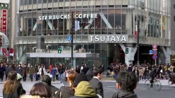 東京2020年2月4日 渋谷の歩行者専用交差点 アジアの人々や観光客が最も忙しい道路交差点の通りを歩く 観光名所段 — ストック動画