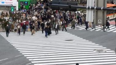 Tokyo, Japonya-04 Şubat 2020: 4K, Shibuya kavşağında bulaşıcı hastalıklara karşı koruyucu maske takan Asyalılar. Meşgul yaya geçidinde yayanın havası - Dan