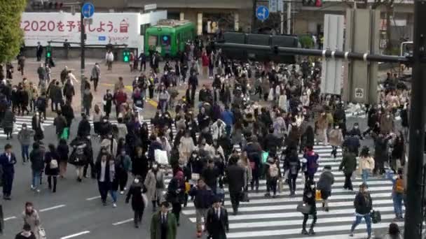 Tokyo Japonya Şubat 2020 Shibuya Kavşağındaki Kalabalık Yaya Geçidinin Havadan — Stok video