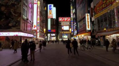 Tokyo, Japonya-02 Şubat, 2020: 4K, İnsanlar Akihabara caddesindeki renkli tabelaların altından geçiyor. Video oyunları, anime, manga ve bilgisayar mağazaları için alışveriş bölgesi. Japon dükkanları - Dan