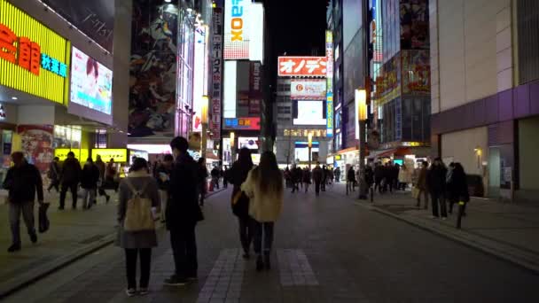 東京2020年2月2日 秋葉原通りのカラフルな看板の下を通ります ゲーム アニメ コンピュータストアのショッピングエリアを持つ電子地区 日本のお店 Dan — ストック動画
