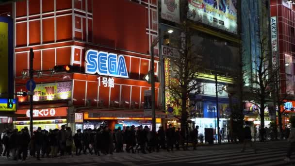 日本东京 2020年2月2日 人们在晚上与秋叶原地区世嘉拱廊大楼一起走在街上 电子游戏 漫画和电脑商店的电子购物 — 图库视频影像