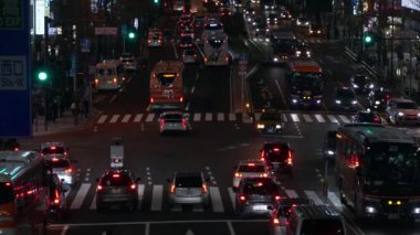 Tokyo, Japonya-31 Ocak 2020: Gece caddesindeki bir trafik arabasının yavaş çekim görüntüsü. Asya 'nın en işlek yolunun yüksek manzarası. Metropolitan şehrinde ulaşım konsepti.