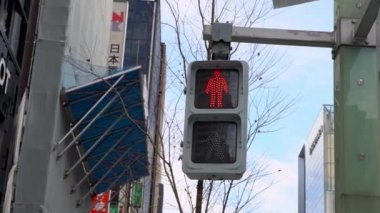 4K, Asyalı yaya geçidi tabelası Tokyo. Trafik ışıkları kırmızıdan yeşile döner, mavi gökyüzüyle güzel bir günde ışık yanar. Japonya 'nın kesişen yolları. Asya şehir merkezi Dan