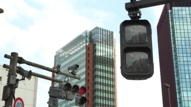 4Kアジアの歩行者横断歩道標識東京市内の交通は緑から赤へと変化し 美しい一日に青い空が照らされています 横断道路交差点日本 アジアダウンタウン — ストック動画