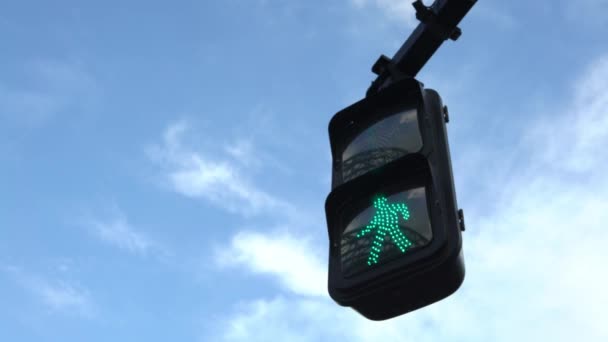 4Kアジアの歩行者横断歩道標識美しい日に青い空に照らされた東京都市交通緑の光 横断道路交差点日本 アジアのダウンタウン — ストック動画