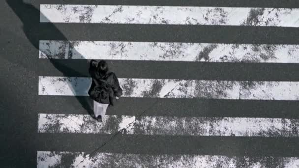 Aerial View Traffic Cars Crowd Pedestrian Crossing Street Sunset Light — Stock Video