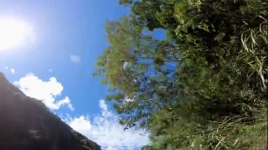 4K, dağ yolunda Taitung 'da virajlarla ormanın içinden geçiyor. Işıl ışıl bir Tayvan günüyle boş bir yolda araba sürmek. Asya dağlarında kayalıkların olduğu bir manzara. Dan otoyolunda seyahat.