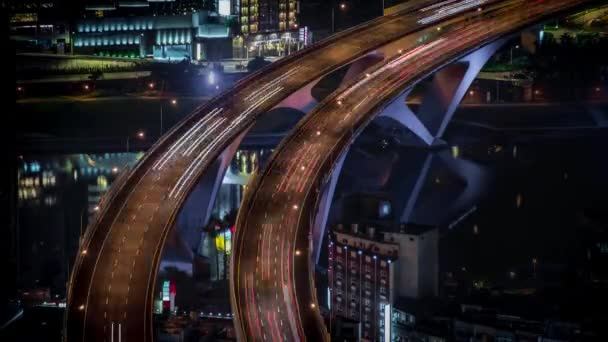Timelapse Aerial View Highway Bridge Busy Traffic Nigth Taipei City — Stock Video