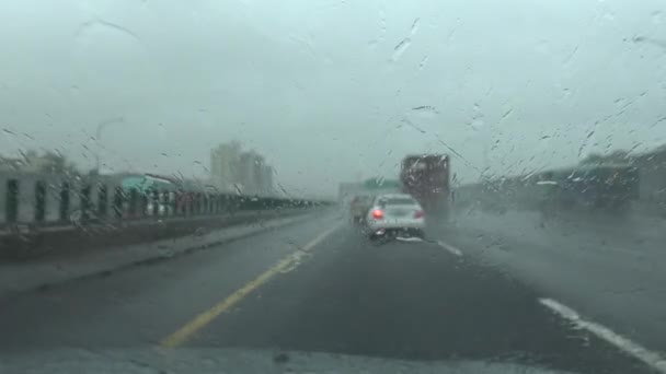 Autorijden Pov Met Gevaar Orkaan Wind Sterke Regen Richting Het — Stockvideo