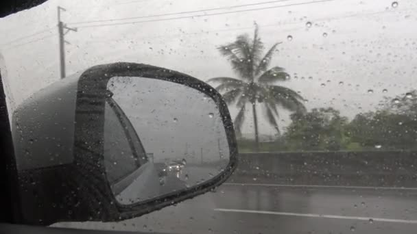 Небезпека Ураган Вітер Дощ Водіння Тайфун Пов Автомобіль Їде Шосе — стокове відео