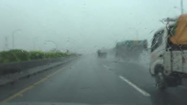 Peligro Vientos Huracán Lluvia Conducir Con Tifón Pov Coche Conduce — Vídeos de Stock