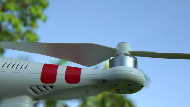 4Kは夏の美しい太陽の日と公園で離陸のためのドローンヘリコプターを準備します 青空を背景にしたモダンなRcドローン カメラ付きクワッドロコプター — ストック動画