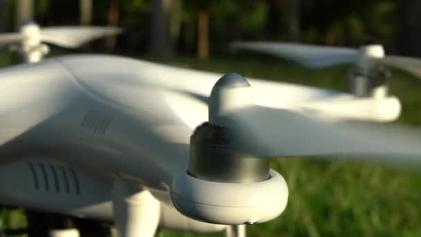 Drone Helikopter Előkészítése Felszállásra Egy Parkban Gyönyörű Nyári Napsütéses Nappal — Stock videók