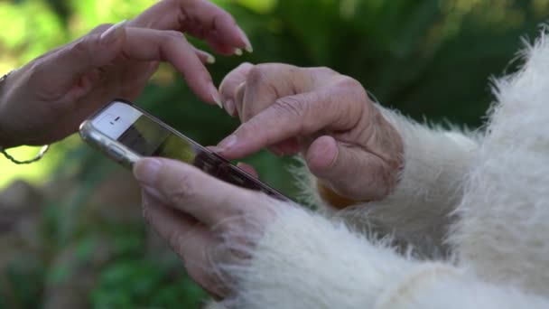 Händer Asiatiska Sondotter Visar Och Undervisar Mobiltelefon Till Sin Mormor — Stockvideo