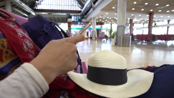 Giovane Donna Digitando Sul Telefono Cellulare Presso Aeroporto Terminale Internazionale — Video Stock