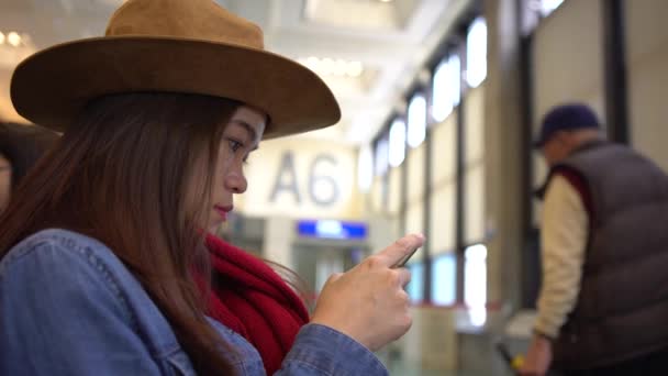 공항에서 휴대폰으로 타이핑하고 아름다운 매력적 여자가 스마트폰을 합니다 비행기를 기실에 — 비디오