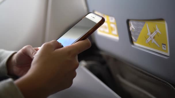 Asian Woman Holding Smartphone Flight Trip Young Traveller Sit Plane — Stock Video