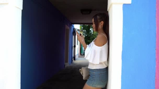 アジアの女性旅行や美しいとカラフルな塗装の家とブラノ島の通りにスマートフォンを使用しています インターネットサーフィンのためのモバイルを保持している人 ソーシャルネットワークをチェック — ストック動画