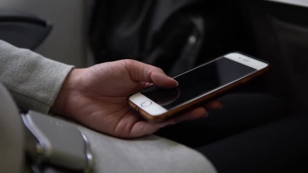 Asian Woman Holding Smartphone Flight Trip Young Traveller Sit Plane — Stock Video