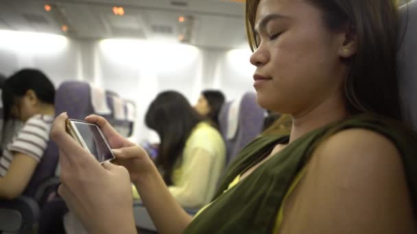 Asian Woman Interior Airplane Passenger Plane Using Device Phone Flight — Stock Video