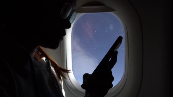 Asian Woman Holding Smartphone Window Flight Trip Young Traveller Sit — Stock Video