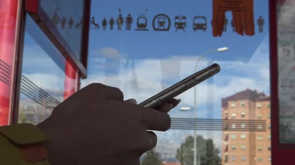 Tourist Asian Woman Used Smartphone Device While Waiting Bus Stop — Stock Video