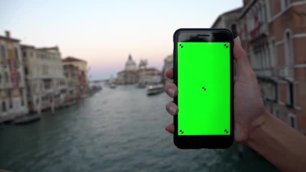 閉じる女性のショーモックアップの緑の画面電話で大聖堂サンタ マリア デッラ サルテとヴェネツィアの大運河 広告にスマートフォンを使う イタリア ダンで携帯電話を持つ女性の手 — ストック動画