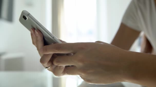 Closeup Asian Hand Using Smartphone One Cup Coffee Glass Table — Stock Video