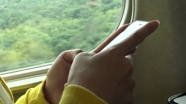 4Kアジアの若い女性は 高速鉄道で窓の近くに座っている彼女の携帯電話をチェックし Line ソーシャルネットワークを使用して友人とSmsテキストを書きます — ストック動画