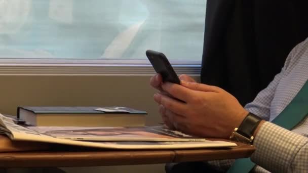 4Kビジネスマンは電車の中でスマートフォンで作業しています 白人男性は高速鉄道で窓の近くに座って携帯電話をチェックします 仕事をするための旅行 インターネットをサーフィンし ソーシャルネットワークをチェック — ストック動画