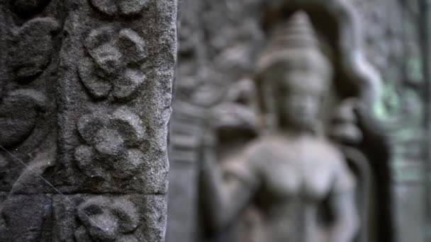 Prohm寺院の壁に女性像の彫刻石 ヒンズー教と仏教の神話に登場する生き物 アンコール カンボジアの古代遺跡には 豪華な装飾が施されたクメール様式があります — ストック動画
