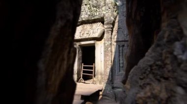 4K, Ta Phrom tapınağının enkaz yığını. Siem Reap Kamboçya 'daki Angkor arkeoloji parkının mimari tasarımı. Khmer İmparatorluğu tarafından inşa edilmiş. Duvarlar ibadethanenin içinden görüldüğü gibi.