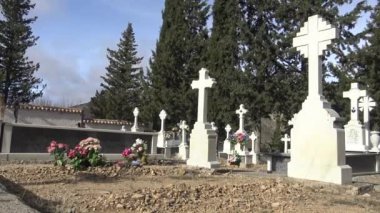 İspanya 'da mezarlık taşı, eski beyaz haç ve selvi ağacıyla 4K Tumbs In A Mezarlığı. İspanyol kırsal mezarlığı. -Dan.