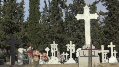 İspanya 'da mezarlık taşı, eski beyaz haç ve selvi ağacıyla 4K Tumbs In A Mezarlığı. İspanyol kırsal mezarlığı. -Dan.