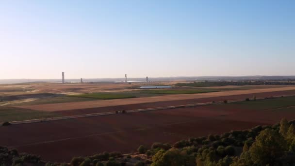 Ovanifrån Vackra Fält Spanien Vid Solnedgången Olivträdgårdar Stort Landskap Plantage — Stockvideo