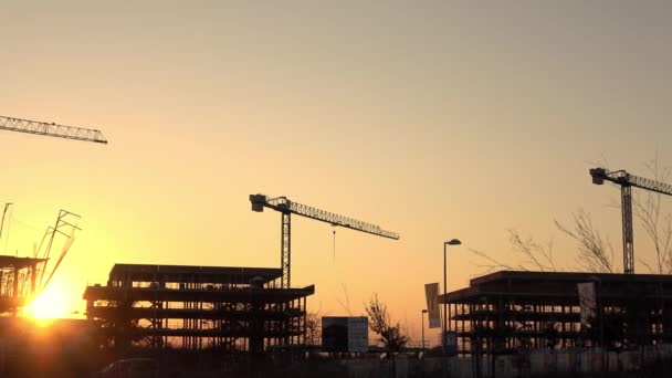 Sevilla Spanje Januari 2019 Zonsondergang Met Huis Aanbouw Industriële Torenkranen — Stockvideo