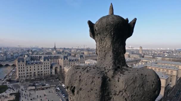 パリの背景を持つノートルダム大聖堂の4K 有名なガーゴイル像 石のキメラはパリ フランスを監視します 有名な観光地やヨーロッパ ダンの人気の旅行先 — ストック動画