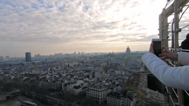 Paris France January 2018 Tourist Woman Using Smartphone Take Picture — Stock Video