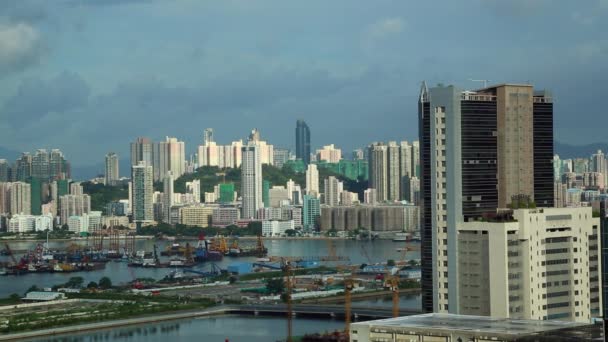 Top Uitzicht Hong Kong Cityscape Dag Whit Wolken Skyline Van — Stockvideo