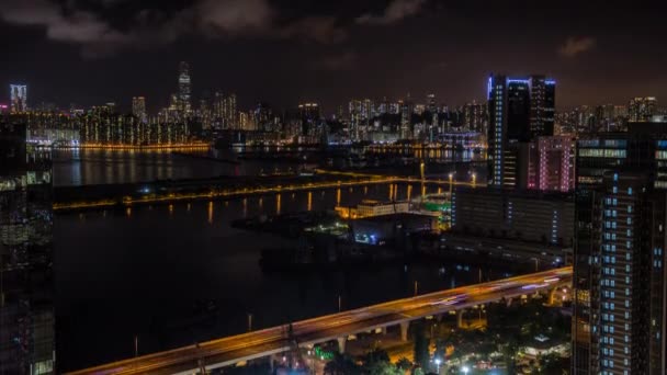 Timelapse Top View Hong Kong Modern Wolkenkratzer Night Kowloon Bay — Stockvideo