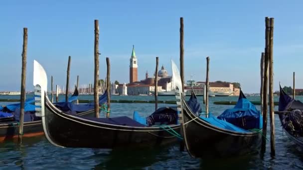 Venecia Italia Septiembre 2018 Hermosa Vista Las Tradicionales Góndolas Amarradas — Vídeos de Stock