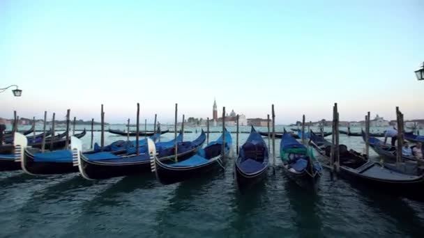 Venecia Italia Septiembre 2018 Hermosa Vista Las Góndolas Tradicionales Amarradas — Vídeo de stock