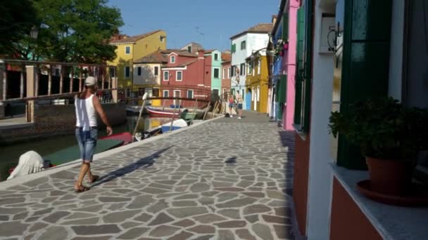 ヴェネツィア イタリア 2018 塗装労働者 はしごを運ぶ男と島のブラーノ島の運河の近くにカラフルなヴェネツィアの家のファサードと通りを歩く 彩色アパート — ストック動画