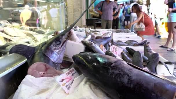 Venedig Italien September 2018 Fischhändler Die Frischen Fisch Verkaufen Darunter — Stockvideo