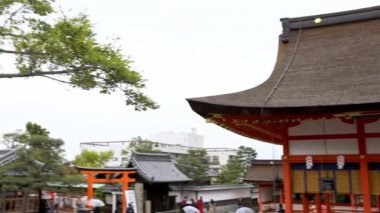 Kyoto, Japonya-14 Nisan 2019: 4K, Kyoto yakınlarındaki ünlü Fushimi Inari-Taisha türbesinde kırmızı önlüklü Kitsune Japon tilki heykeli. Shinto 'da taştan yapılmış Japon tanrı muhafızı.