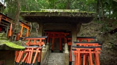 Kyoto, Japonya-14 Nisan 2019: 4K, Kyoto 'daki ünlü Fushimi Inari Taisha tapınağı. Japonya tapınağı, dilek yerine getirildiğinde kırmızı torii 'nin adı inşa edildi.
