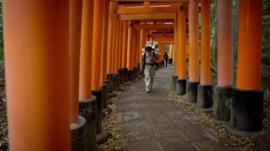 Kyoto, Japonya-14 Nisan 2019-4K, teslimatçı Kyoto yakınlarındaki ünlü Fushimi Inari-Taisha tapınağında arkasında ağır karton kutularla merdivenlerden yukarı koşuyor. Bir yığın kutu taşıyan Japon kurye çok sıkı çalışıyor.